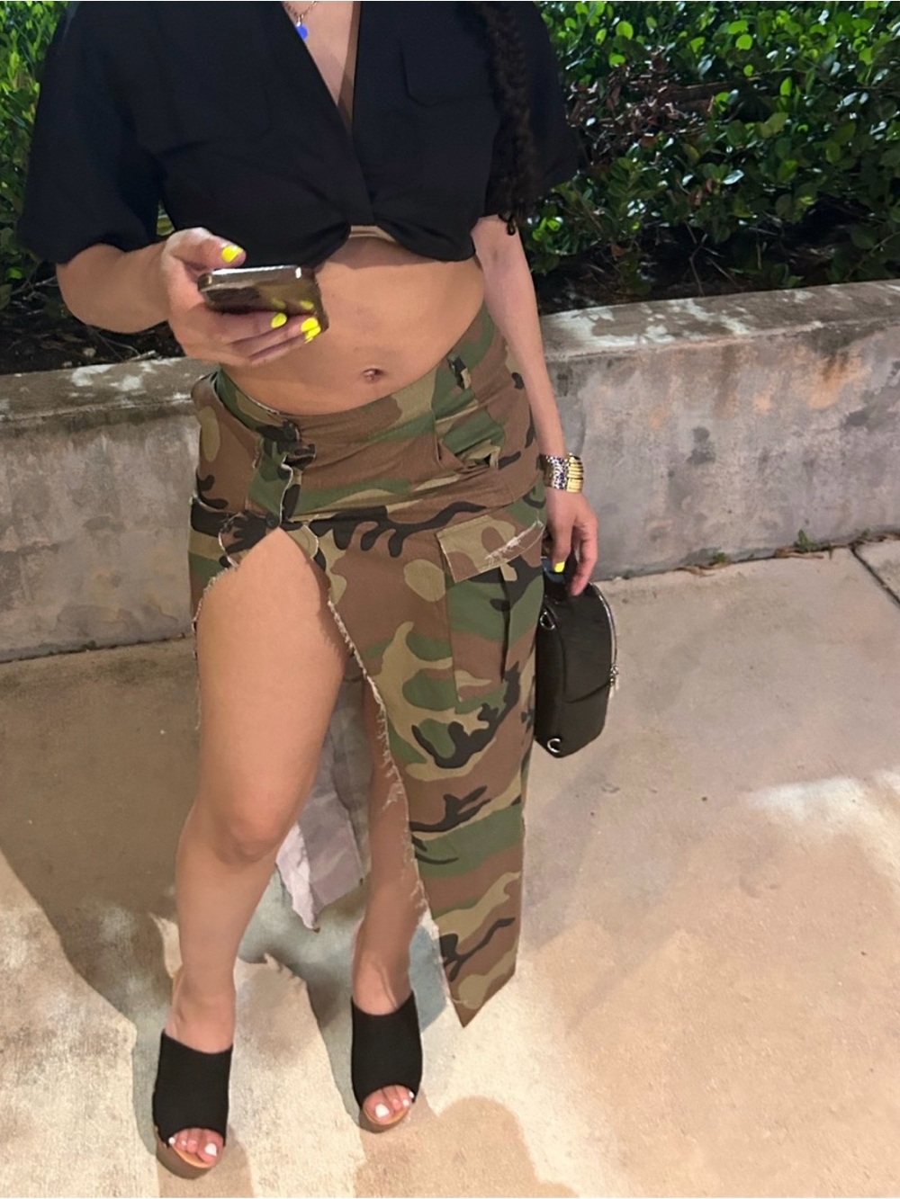 Asymmetrical Camo High-Slit Midi Skirt - Green Camo